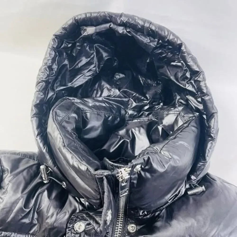 Michael Kors Women's Winter Puffer Hoodie Black And Silver Metal Jacket Size S
